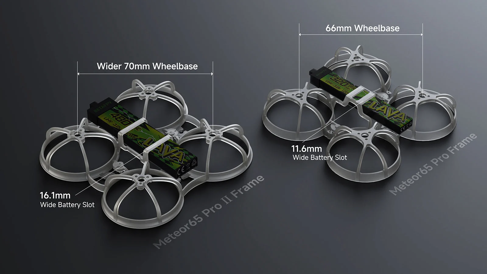 Meteor65 Pro II O4 Brushless Whoop Quadcopter - wider wheelbase and enlarged battery slot